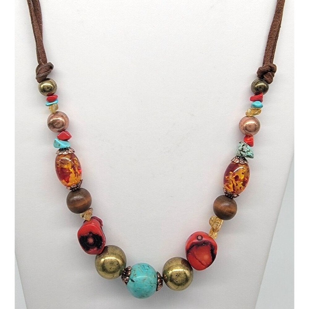 Boho Mixed Material Beaded Necklace Leather Cord Wood Metal Glass Beads Vintage